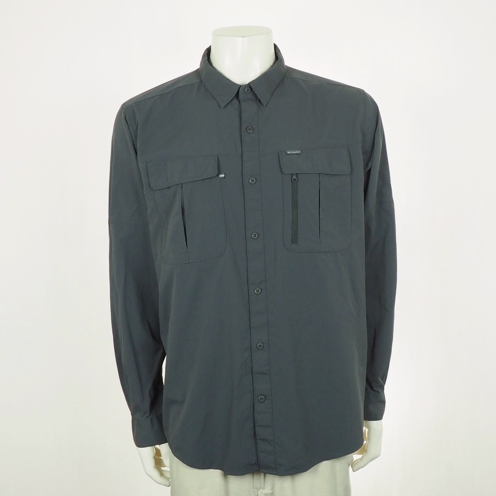 Columbia Yoncalla Button Down Shirt Mens Sz XL Gray Pockets Outdoor Hiking Tech